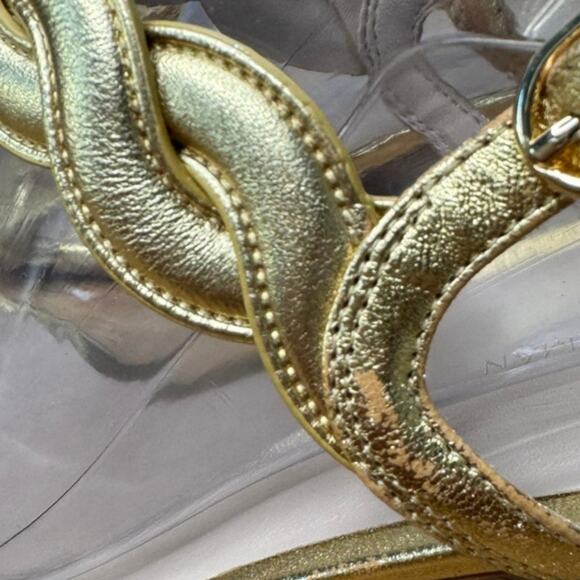 Stuart Weitzman Dancer Twistie Gold Metallic Braided Sandal Heel, Size 10.5 - Picture 4 of 9